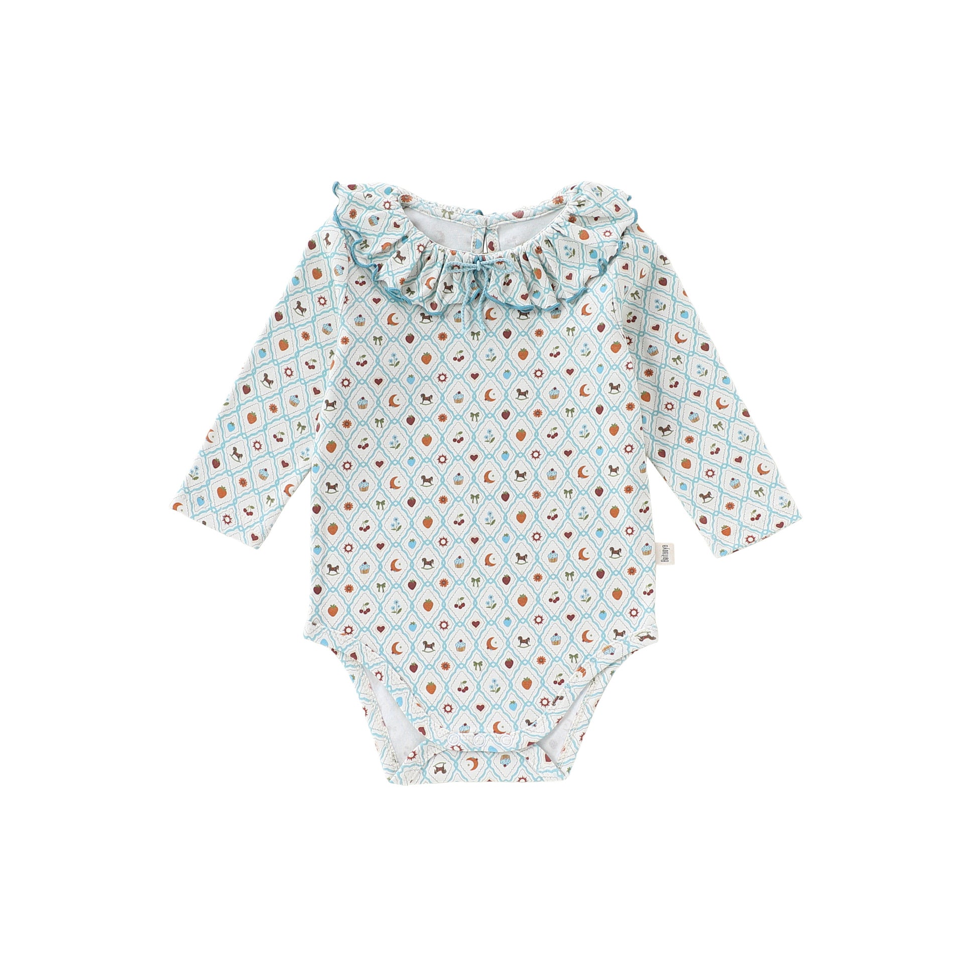 Ruffle Collar Printed Romper フリル襟 長袖ロンパース【mh0012344】 66cm / Green diamond fruit fun mamahalo shop