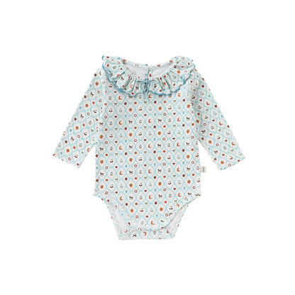 Ruffle Collar Printed Romper フリル襟 長袖ロンパース【mh0012344】 66cm / Green diamond fruit fun mamahalo shop