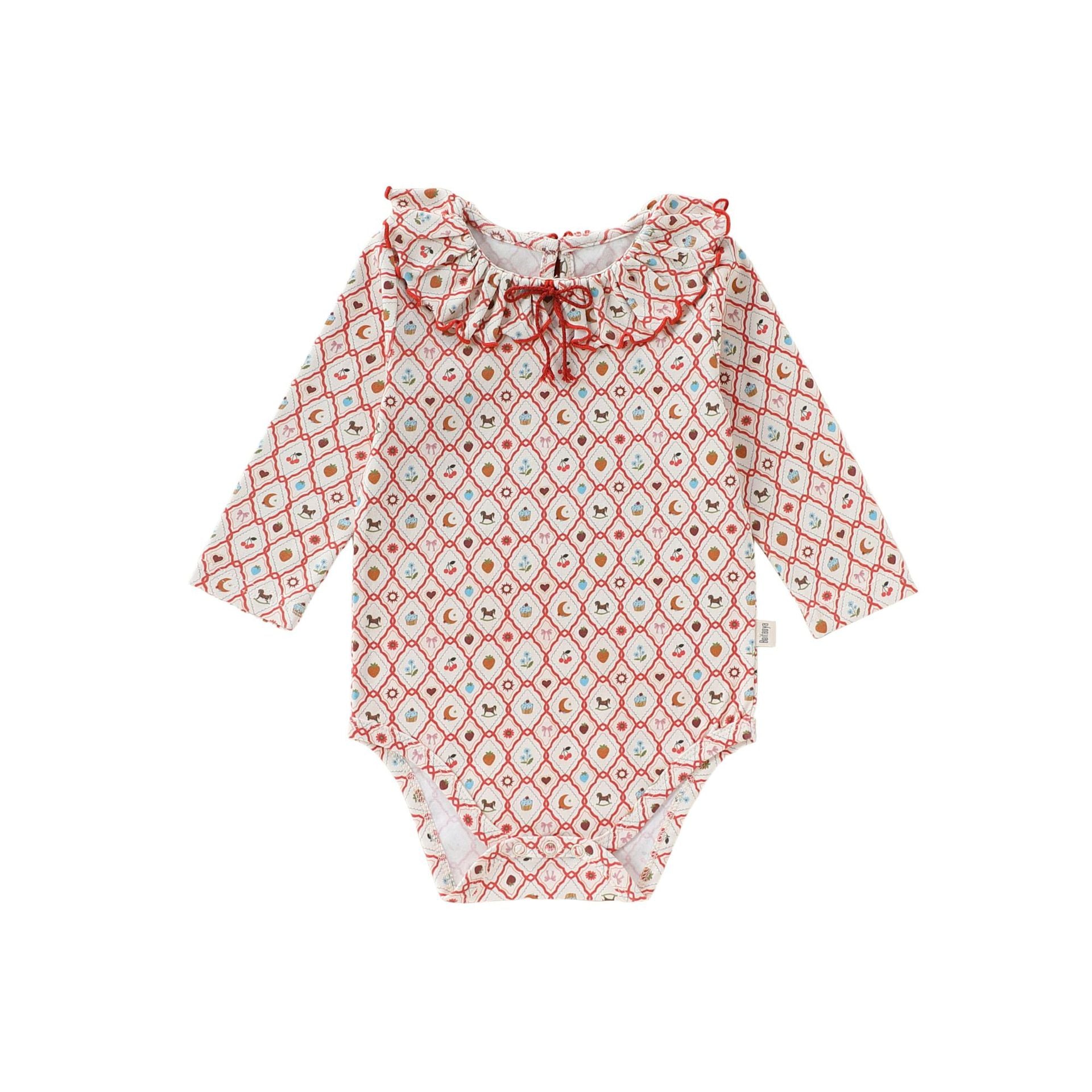 Ruffle Collar Printed Romper フリル襟 長袖ロンパース【mh0012344】 66cm / Red diamond fruit interest mamahalo shop