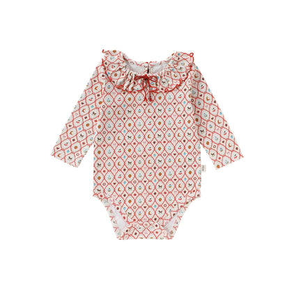 Ruffle Collar Printed Romper フリル襟 長袖ロンパース【mh0012344】 66cm / Red diamond fruit interest mamahalo shop