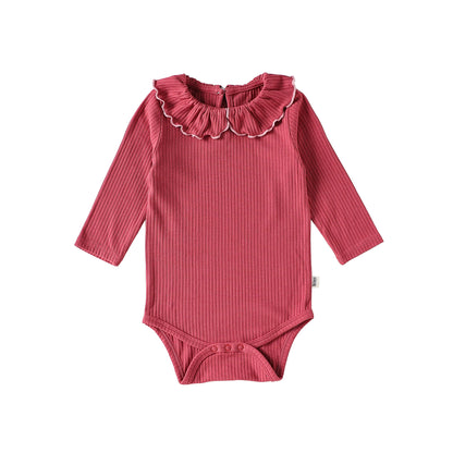 Ruffle Collar Ribbed Romper フリル襟 長袖ロンパース【mh0012342】 66cm / Carmine mamahalo shop
