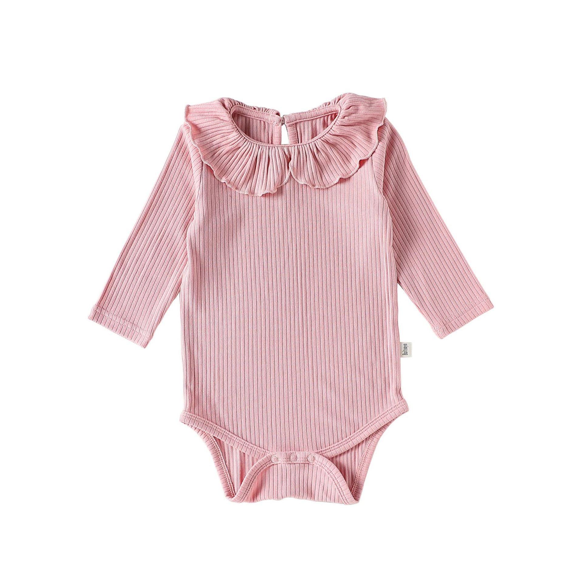 Ruffle Collar Ribbed Romper フリル襟 長袖ロンパース【mh0012342】 66cm / Cherry powder mamahalo shop