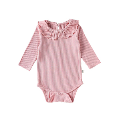 Ruffle Collar Ribbed Romper フリル襟 長袖ロンパース【mh0012342】 66cm / Cherry powder mamahalo shop