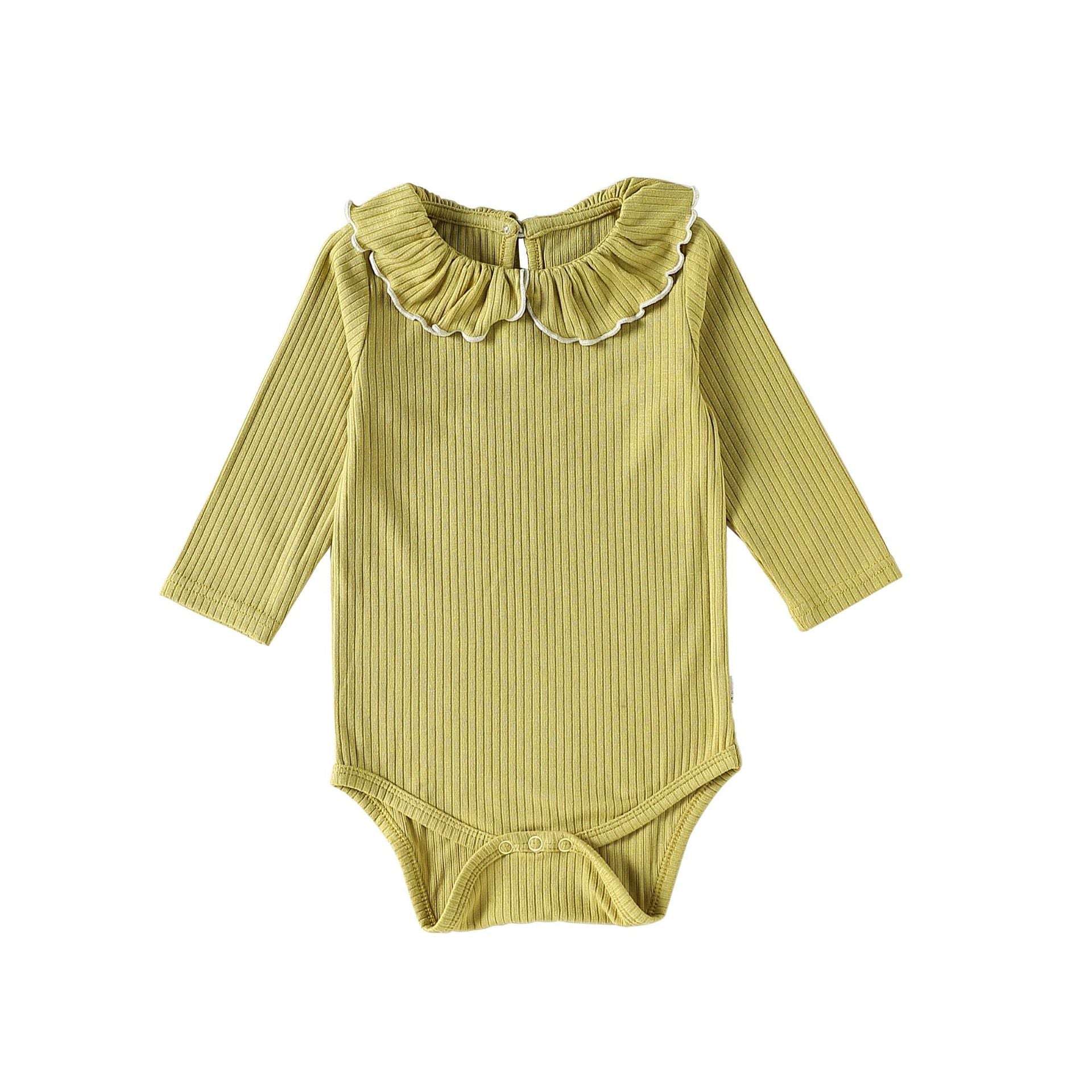 Ruffle Collar Ribbed Romper フリル襟 長袖ロンパース【mh0012342】 66cm / green mamahalo shop