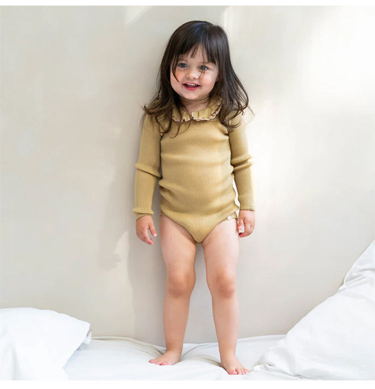 Ruffle Collar Ribbed Romper フリル襟 長袖ロンパース【mh0012342】 Beitaoya