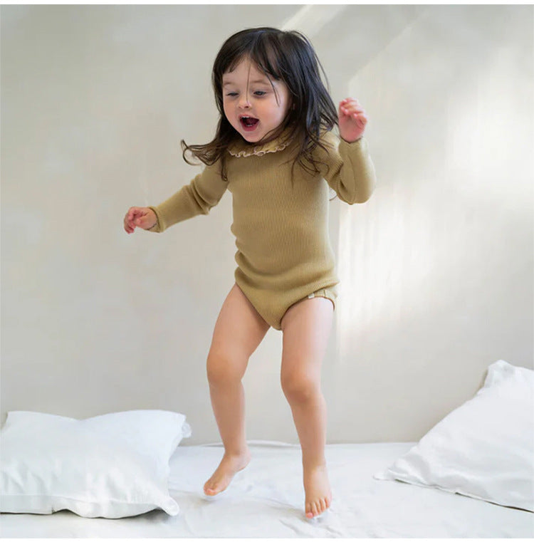 Ruffle Collar Ribbed Romper フリル襟 長袖ロンパース【mh0012342】 Beitaoya