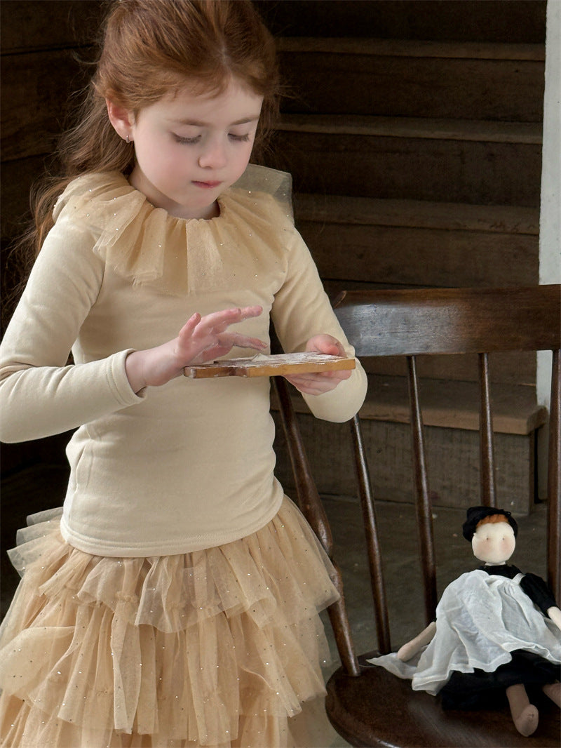 Ruffle Lace Knitted Base Top フリル レース 長袖ニットトップス【mh0012425】 90cm / Khaki mamahalo shop