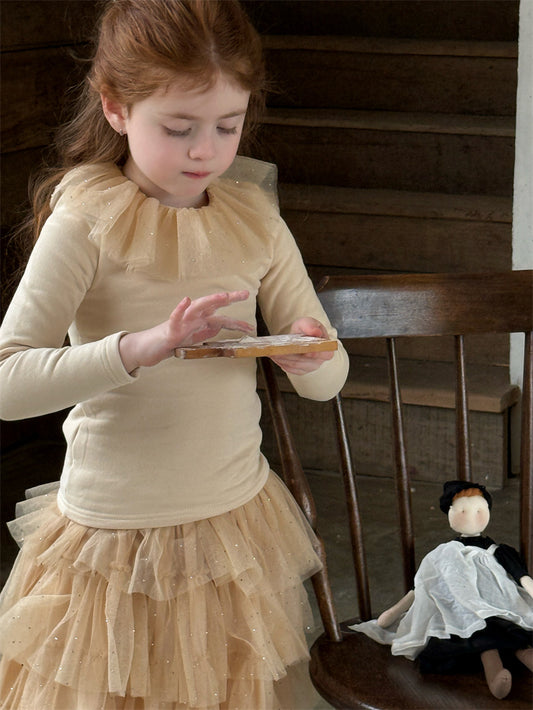 Ruffle Lace Knitted Base Top フリル レース 長袖ニットトップス【mh0012425】 90cm / Khaki mamahalo shop