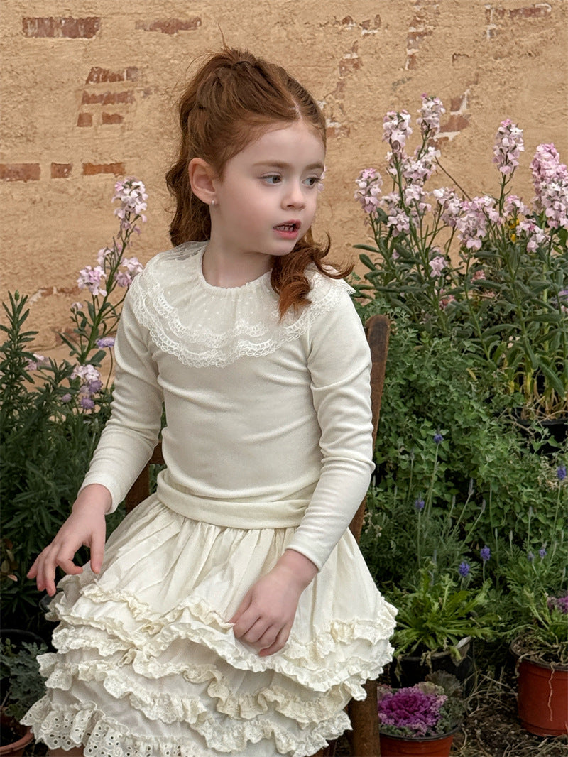 Ruffle Lace Knitted Base Top フリル レース 長袖ニットトップス【mh0012425】 90cm / white mamahalo shop