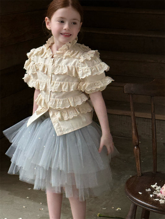 Ruffle Lace Spliced Short Sleeve Blouse ラッフル レース ブラウス【mh0012407】 90cm / creamy-white mamahalo shop