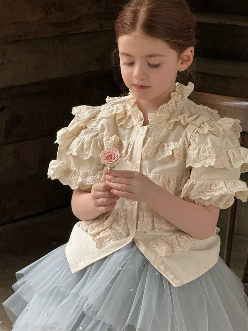 Ruffle Lace Spliced Short Sleeve Blouse ラッフル レース ブラウス【mh0012407】 Chengle