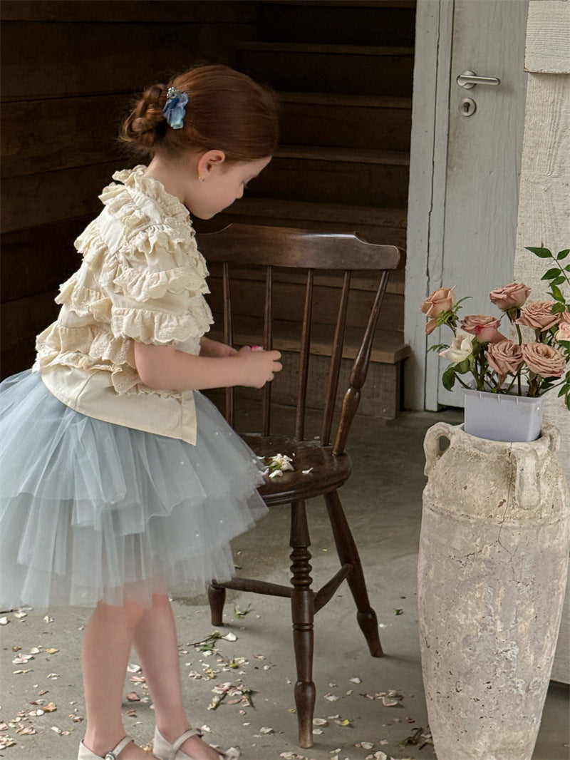 Ruffle Lace Spliced Short Sleeve Blouse ラッフル レース ブラウス【mh0012407】 Chengle