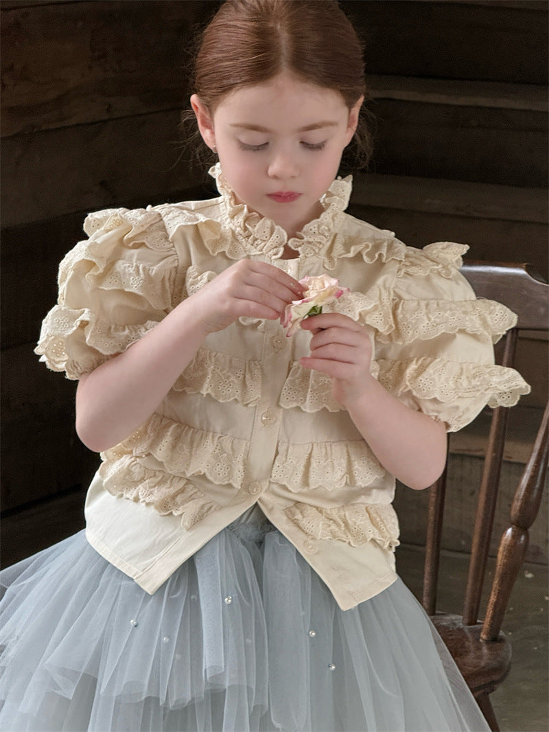Ruffle Lace Spliced Short Sleeve Blouse ラッフル レース ブラウス【mh0012407】 Chengle
