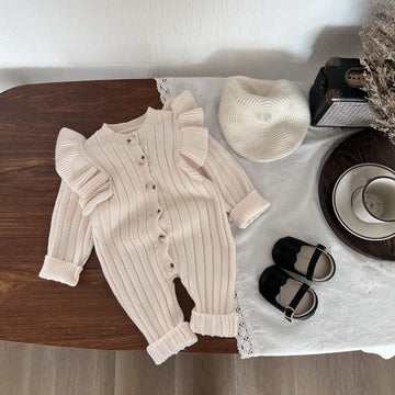 Ruffle Shoulder Knit Romper フリルショルダー ニット ロンパース【mh0004344】 Beige / 6M  66CM mamahalo kids 長袖ロンパース