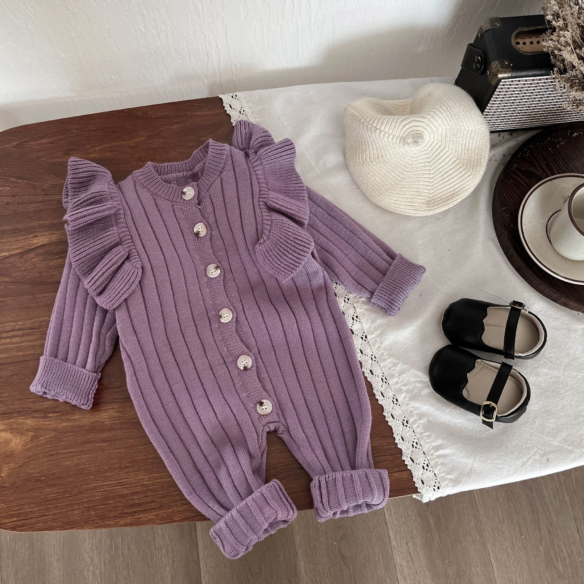 Ruffle Shoulder Knit Romper フリルショルダー ニット ロンパース【mh0004344】 Purple / 6M  66CM mamahalo kids 長袖ロンパース