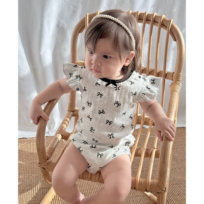 Ruffle Sleeve Eyelet Ribbed Romper リボン ラッフルスリーブロンパース【mh0013598】 Beige / 66cm Beitaoya 半袖ロンパース