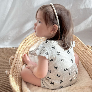 Ruffle Sleeve Eyelet Ribbed Romper リボン ラッフルスリーブロンパース【mh0013598】 Beitaoya 半袖ロンパース