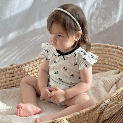 Ruffle Sleeve Eyelet Ribbed Romper リボン ラッフルスリーブロンパース【mh0013598】 Beitaoya 半袖ロンパース