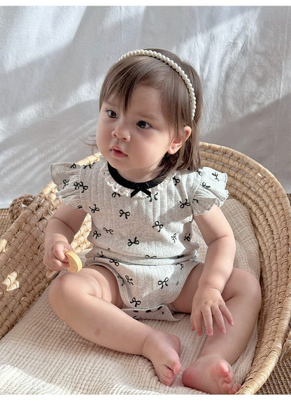 Ruffle Sleeve Eyelet Ribbed Romper リボン ラッフルスリーブロンパース【mh0013598】 Beitaoya 半袖ロンパース