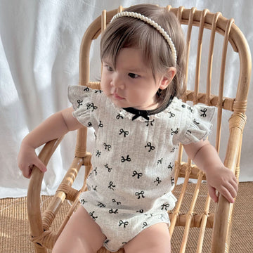 Ruffle Sleeve Eyelet Ribbed Romper リボン ラッフルスリーブロンパース【mh0013598】 Beitaoya 半袖ロンパース