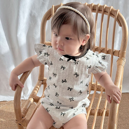Ruffle Sleeve Eyelet Ribbed Romper リボン ラッフルスリーブロンパース【mh0013598】 Beitaoya 半袖ロンパース