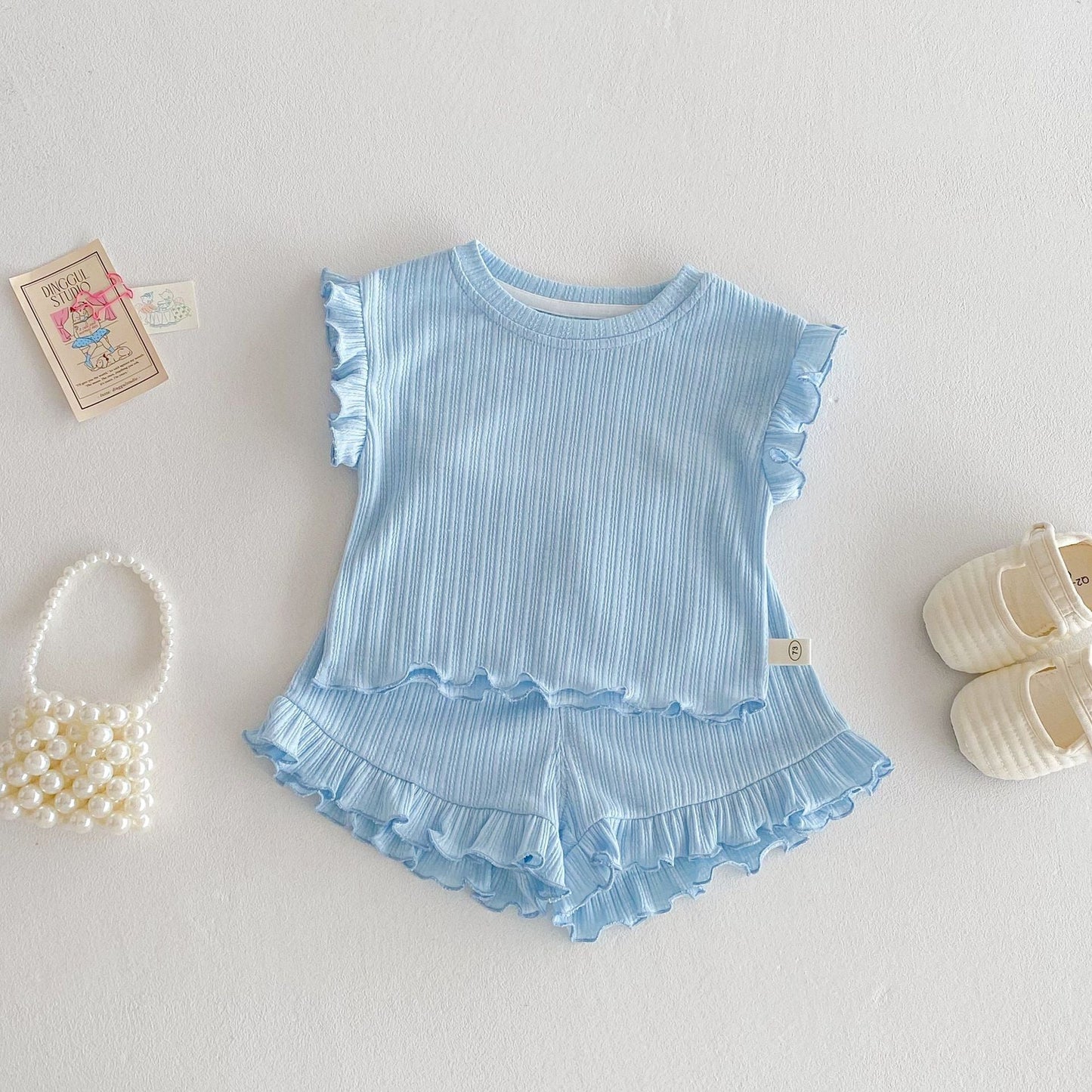 Ruffle Sleeve Ribbed Set ラッフル袖トップス+パンツ セット【mh0012338】 73CM / Light blue mamahalo shop
