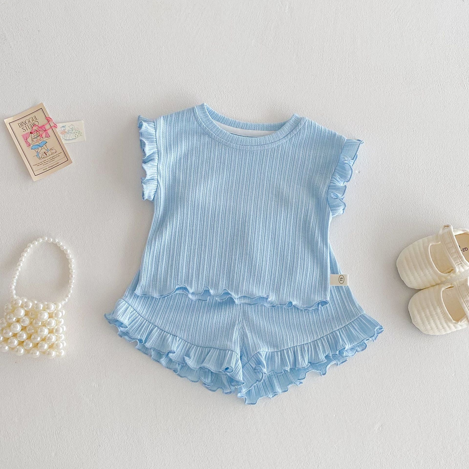 Ruffle Sleeve Ribbed Set ラッフル袖トップス+パンツ セット【mh0012338】 73CM / Light blue mamahalo shop