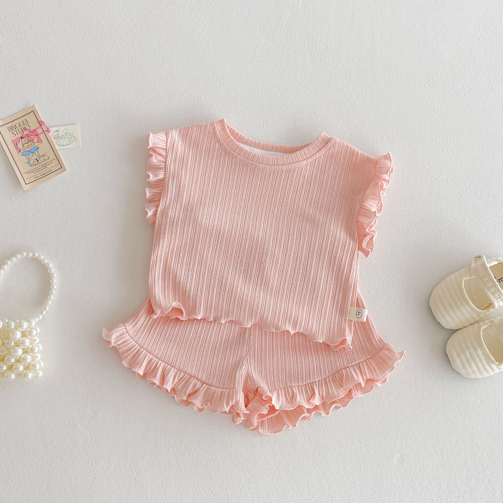 Ruffle Sleeve Ribbed Set ラッフル袖トップス+パンツ セット【mh0012338】 73CM / Light pink mamahalo shop