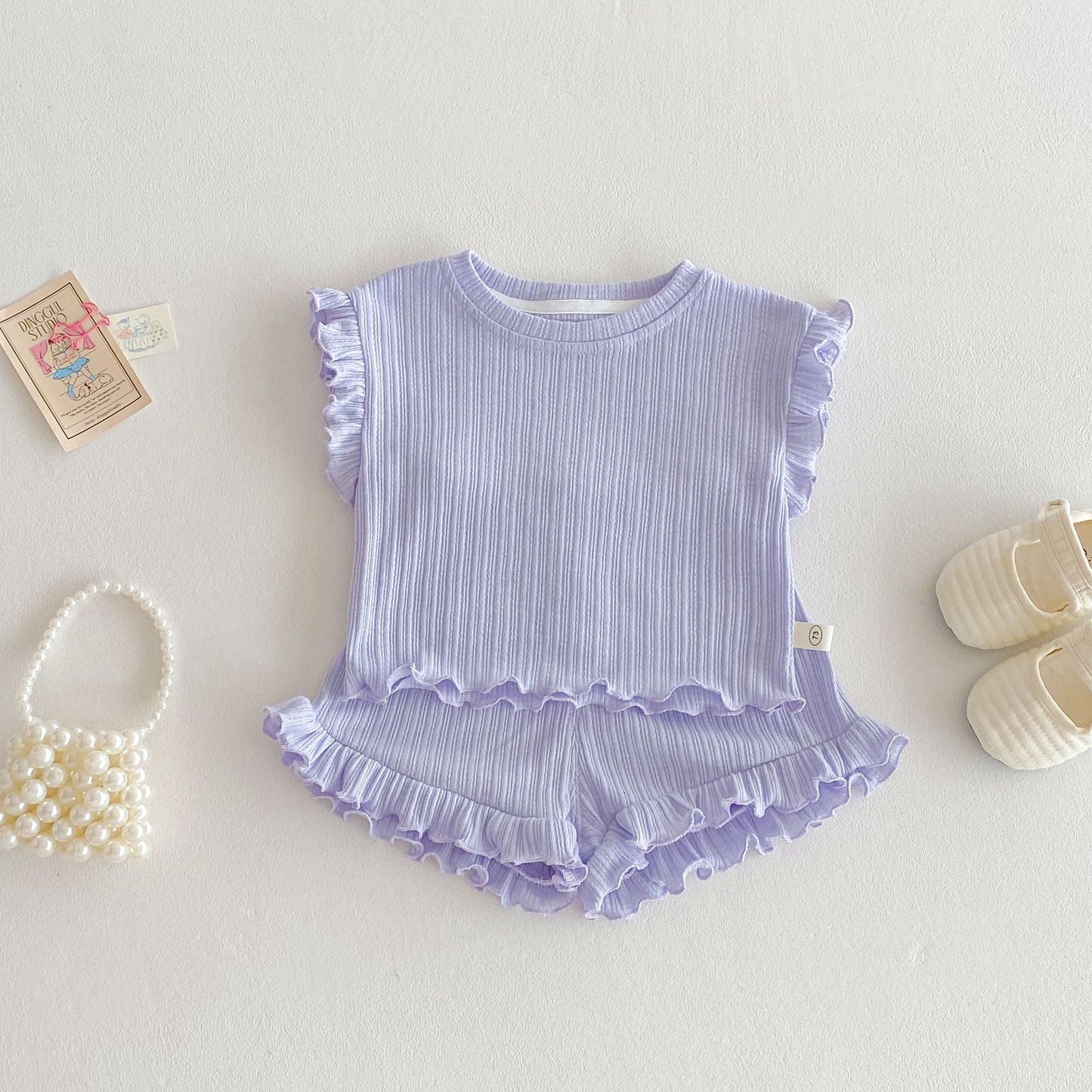 Ruffle Sleeve Ribbed Set ラッフル袖トップス+パンツ セット【mh0012338】 73CM / Light purple mamahalo shop
