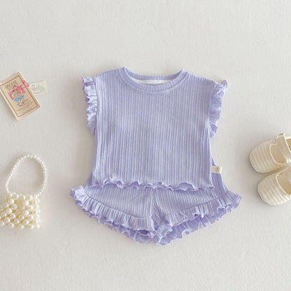 Ruffle Sleeve Ribbed Set ラッフル袖トップス+パンツ セット【mh0012338】 73CM / Light purple mamahalo shop