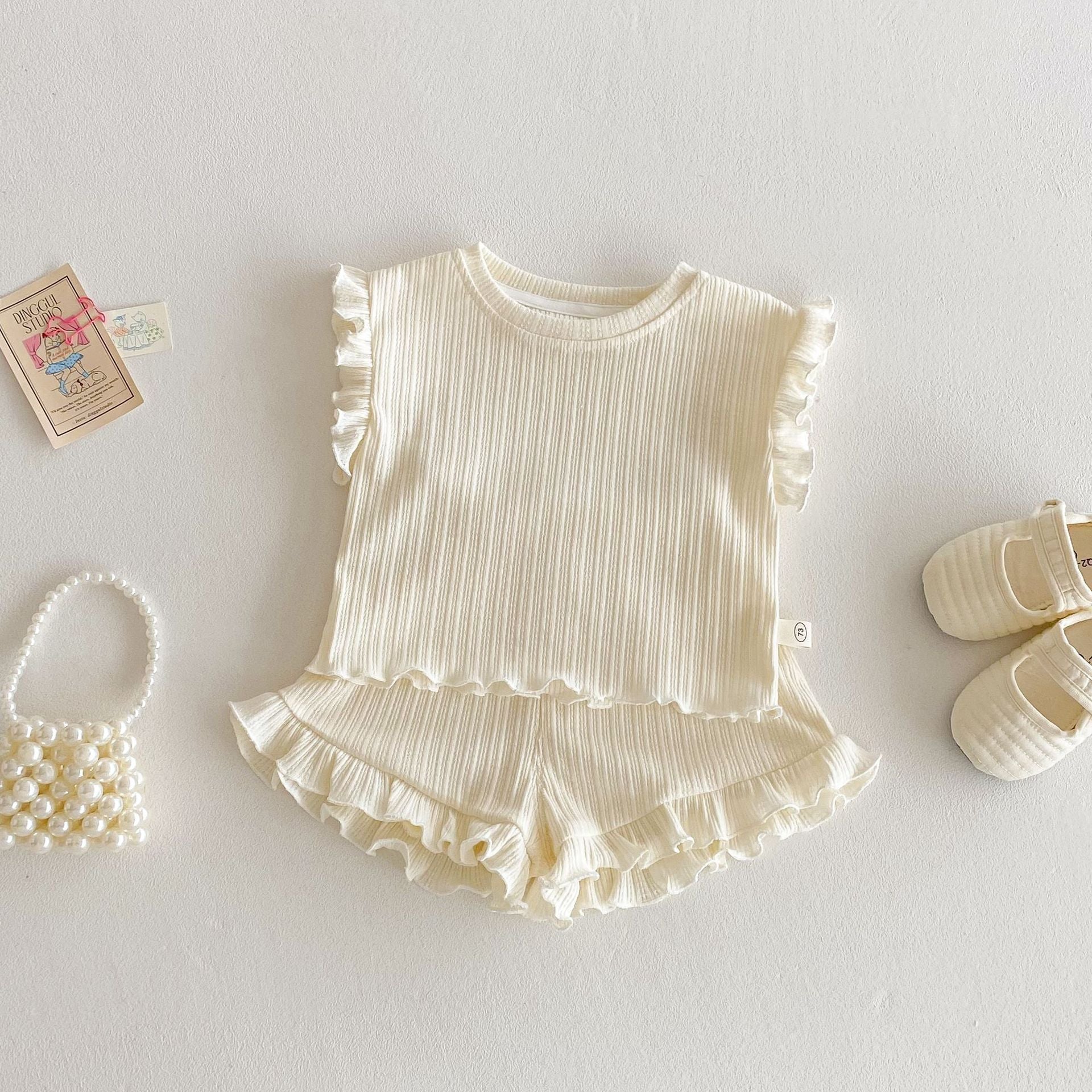 Ruffle Sleeve Ribbed Set ラッフル袖トップス+パンツ セット【mh0012338】 73CM / Light rice mamahalo shop