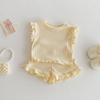 Ruffle Sleeve Ribbed Set ラッフル袖トップス+パンツ セット【mh0012338】 73CM / Light yellow mamahalo shop