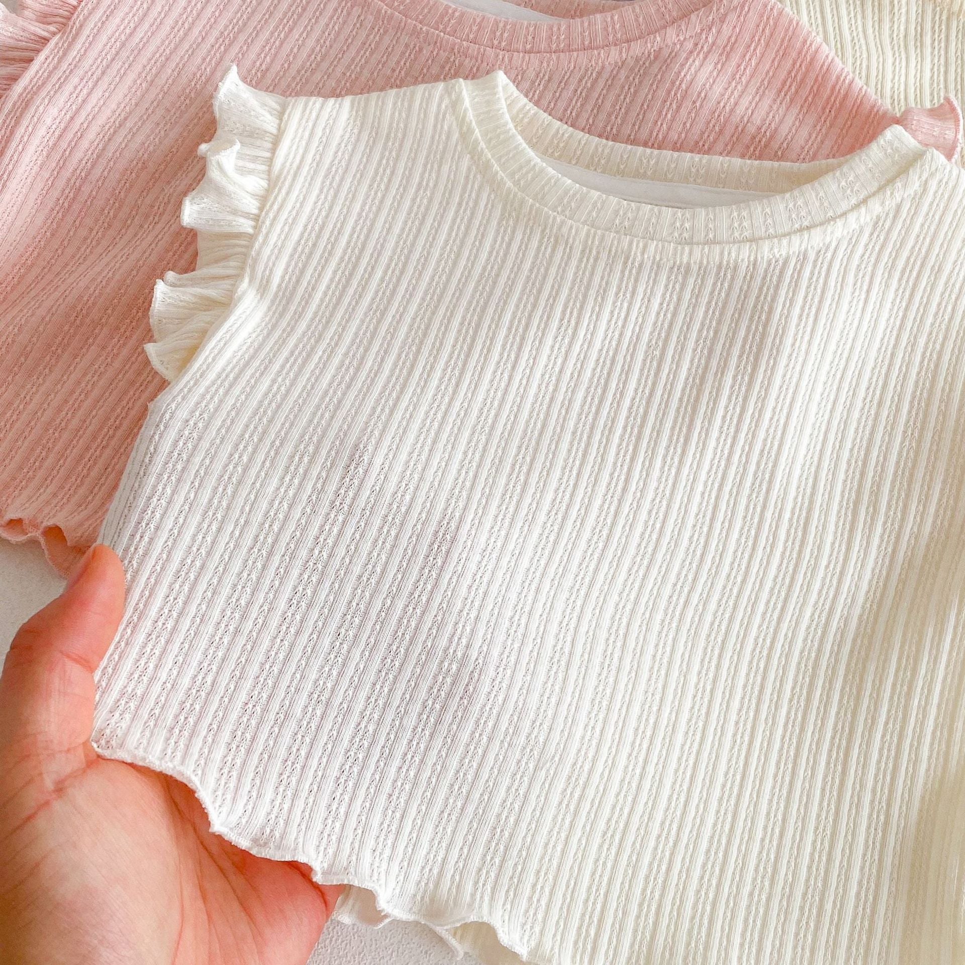 Ruffle Sleeve Ribbed Set ラッフル袖トップス+パンツ セット【mh0012338】 Beitaoya
