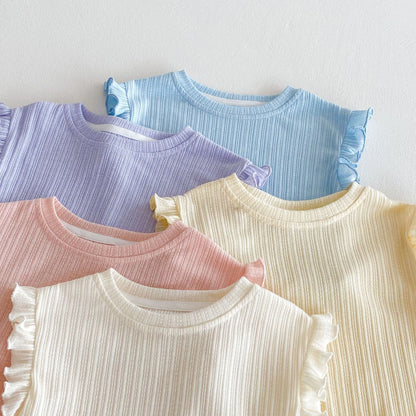 Ruffle Sleeve Ribbed Set ラッフル袖トップス+パンツ セット【mh0012338】 Beitaoya