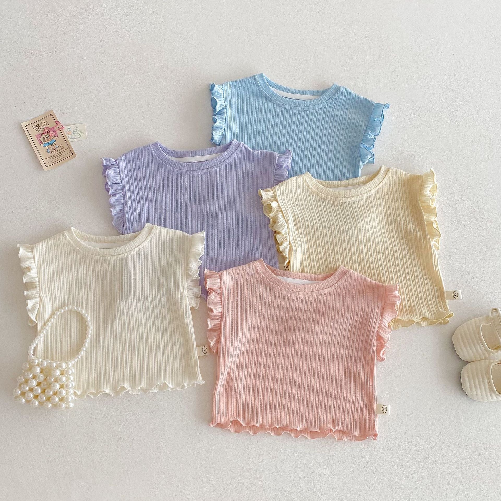 Ruffle Sleeve Ribbed Set ラッフル袖トップス+パンツ セット【mh0012338】 Beitaoya