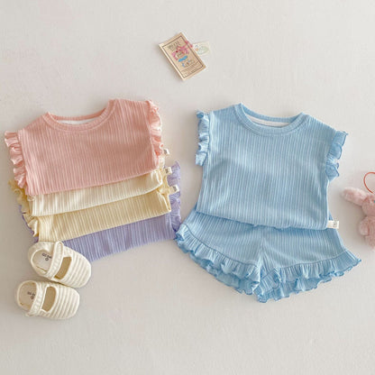 Ruffle Sleeve Ribbed Set ラッフル袖トップス+パンツ セット【mh0012338】 Beitaoya