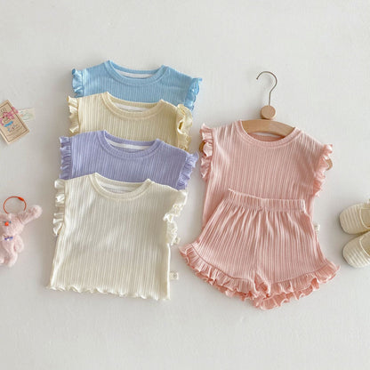 Ruffle Sleeve Ribbed Set ラッフル袖トップス+パンツ セット【mh0012338】 Beitaoya