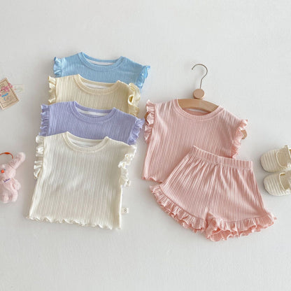 Ruffle Sleeve Ribbed Set ラッフル袖トップス+パンツ セット【mh0012338】 Beitaoya