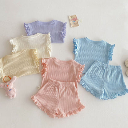 Ruffle Sleeve Ribbed Set ラッフル袖トップス+パンツ セット【mh0012338】 Beitaoya