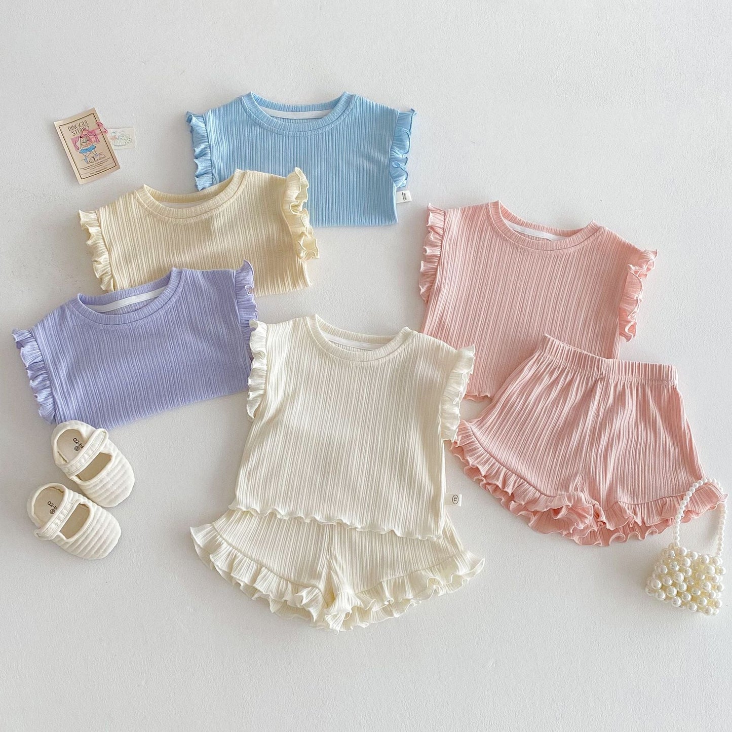 Ruffle Sleeve Ribbed Set ラッフル袖トップス+パンツ セット【mh0012338】 Beitaoya