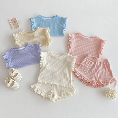 Ruffle Sleeve Ribbed Set ラッフル袖トップス+パンツ セット【mh0012338】 Beitaoya