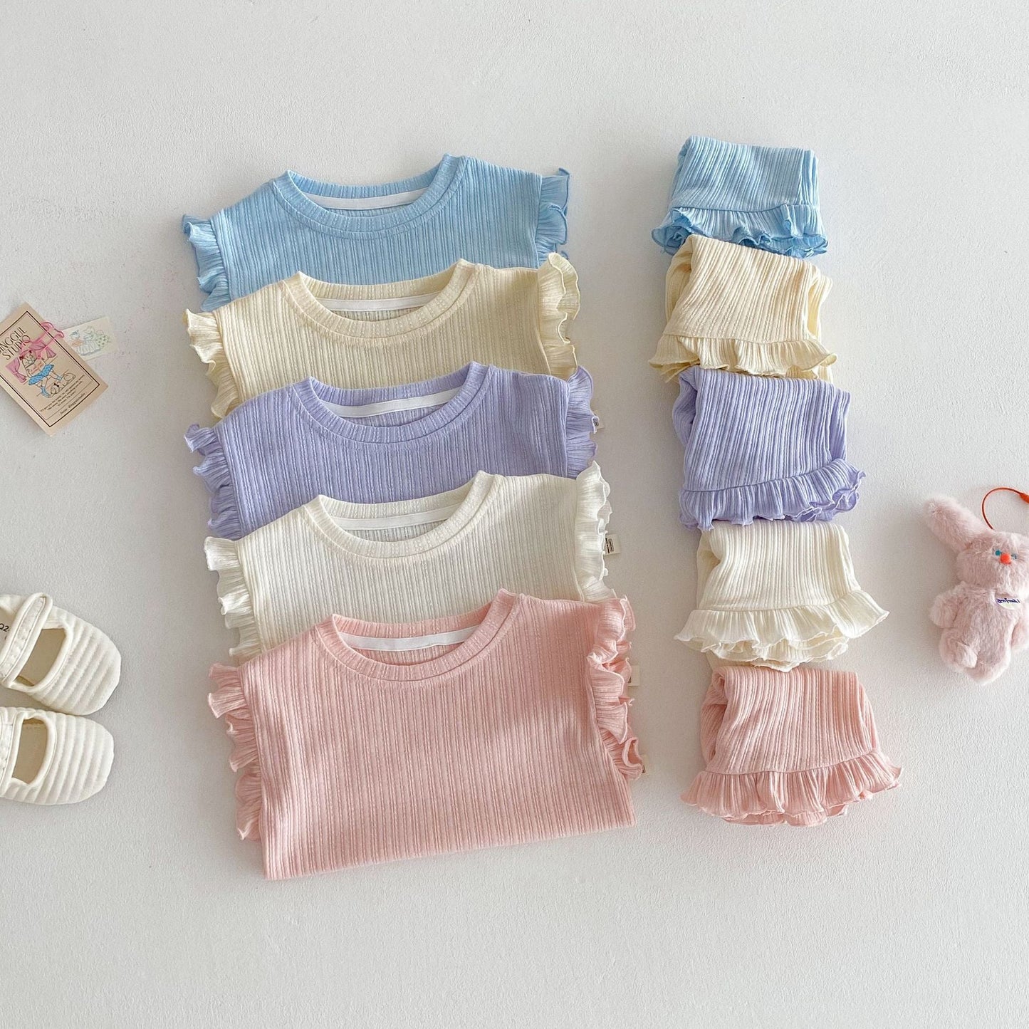 Ruffle Sleeve Ribbed Set ラッフル袖トップス+パンツ セット【mh0012338】 Beitaoya