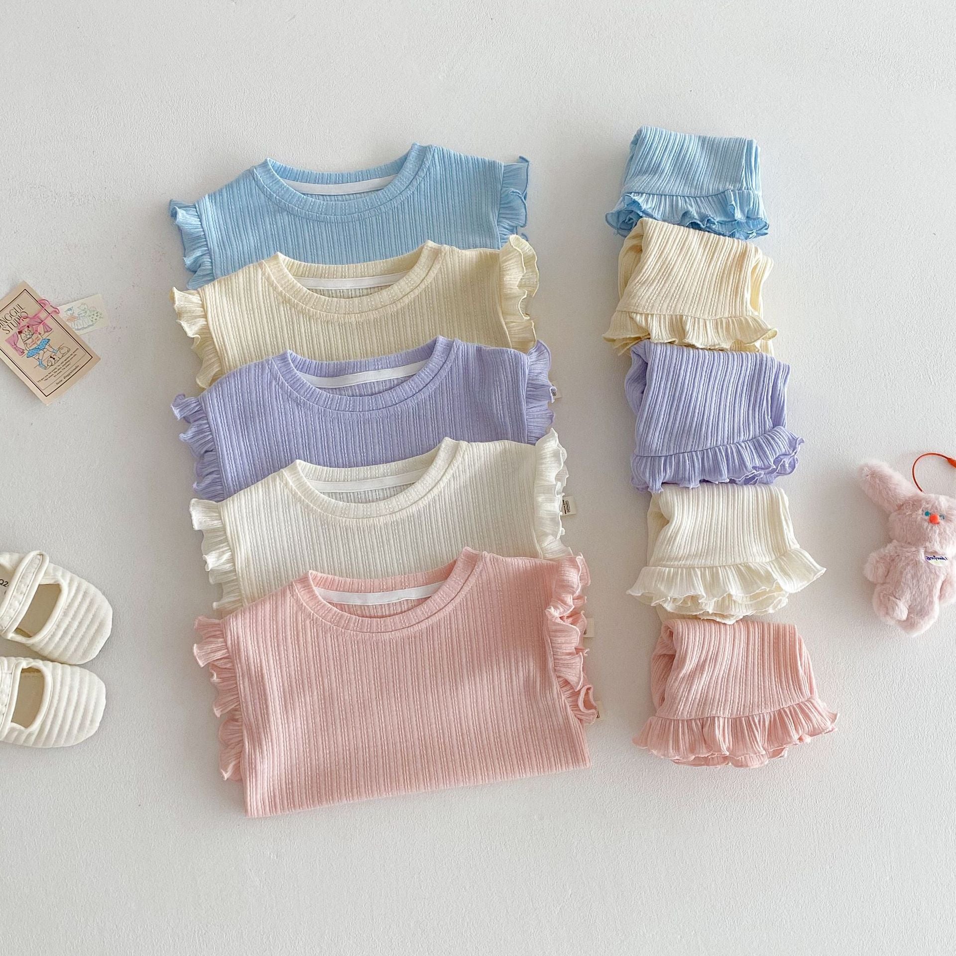 Ruffle Sleeve Ribbed Set ラッフル袖トップス+パンツ セット【mh0012338】 Beitaoya