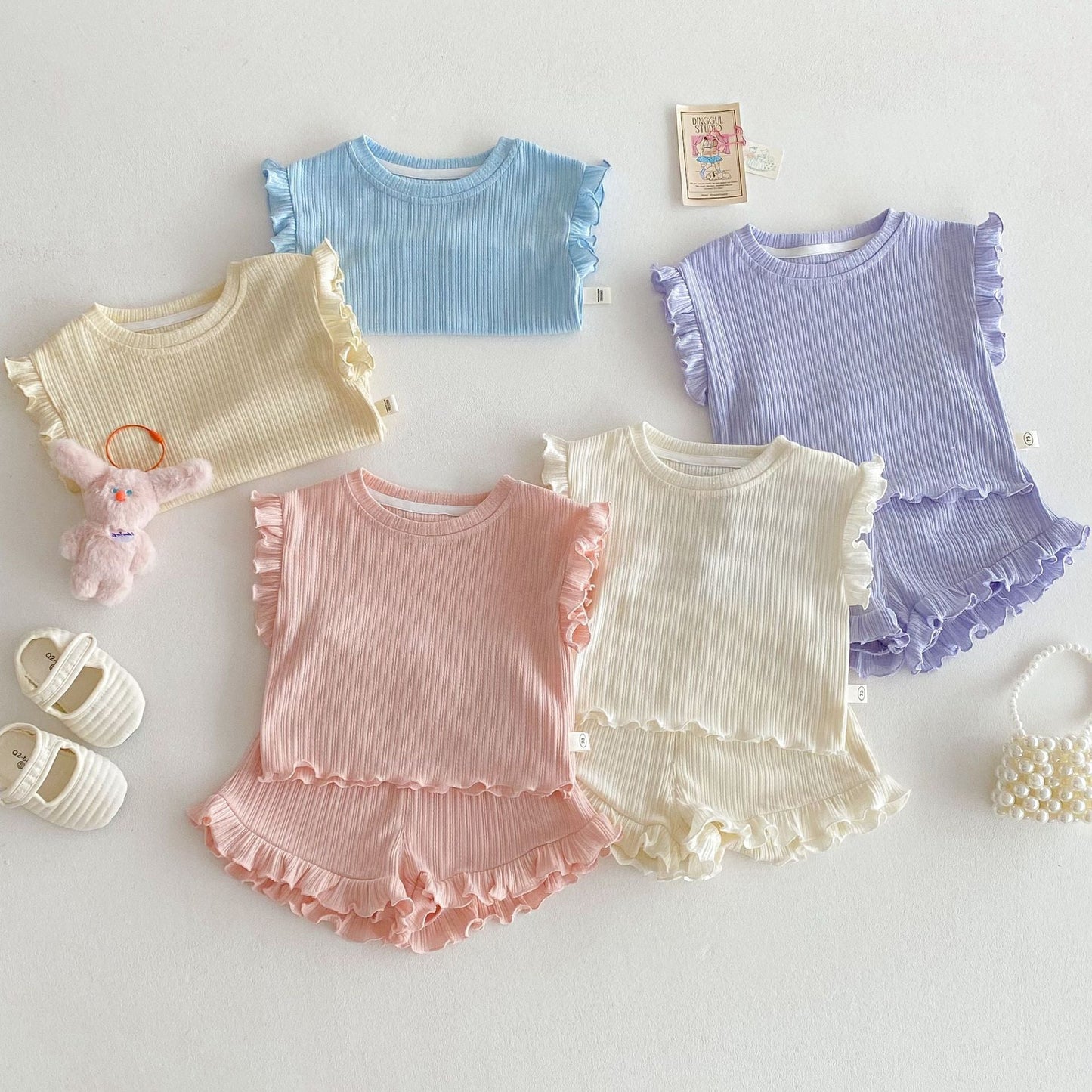 Ruffle Sleeve Ribbed Set ラッフル袖トップス+パンツ セット【mh0012338】 Beitaoya