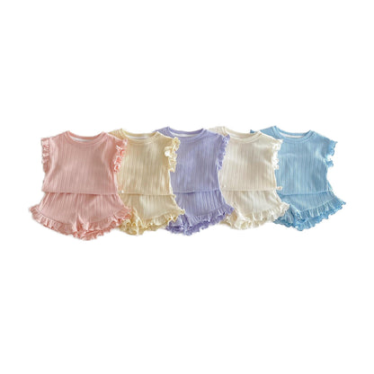 Ruffle Sleeve Ribbed Set ラッフル袖トップス+パンツ セット【mh0012338】 mamahalo shop