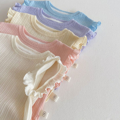 Ruffle Sleeve Ribbed Set ラッフル袖トップス+パンツ セット【mh0012338】 mamahalo shop