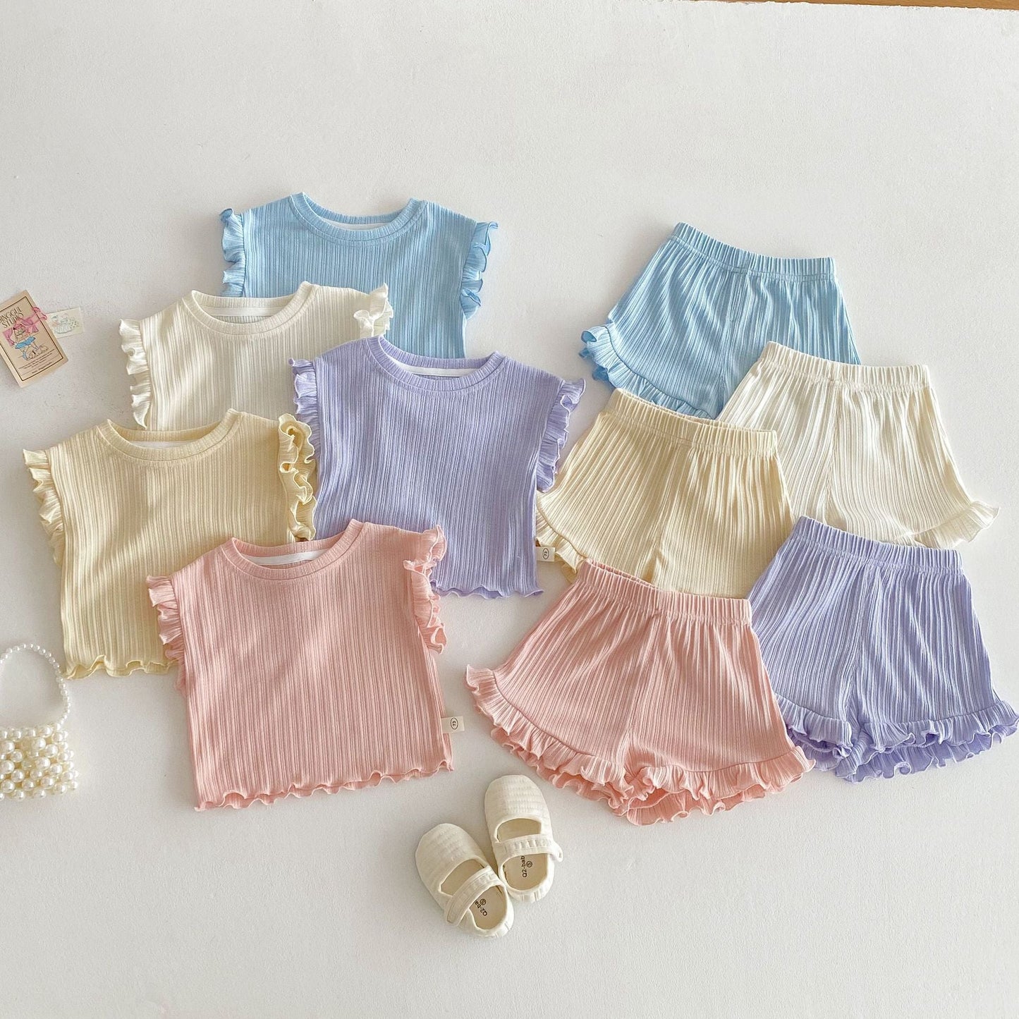 Ruffle Sleeve Ribbed Set ラッフル袖トップス+パンツ セット【mh0012338】 mamahalo shop