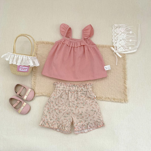 Ruffle Strap Top Floral Shorts Set フリル袖 トップス 花柄 ショートパンツ【mh0012479】 Engepapa ノースリーブセットアップ