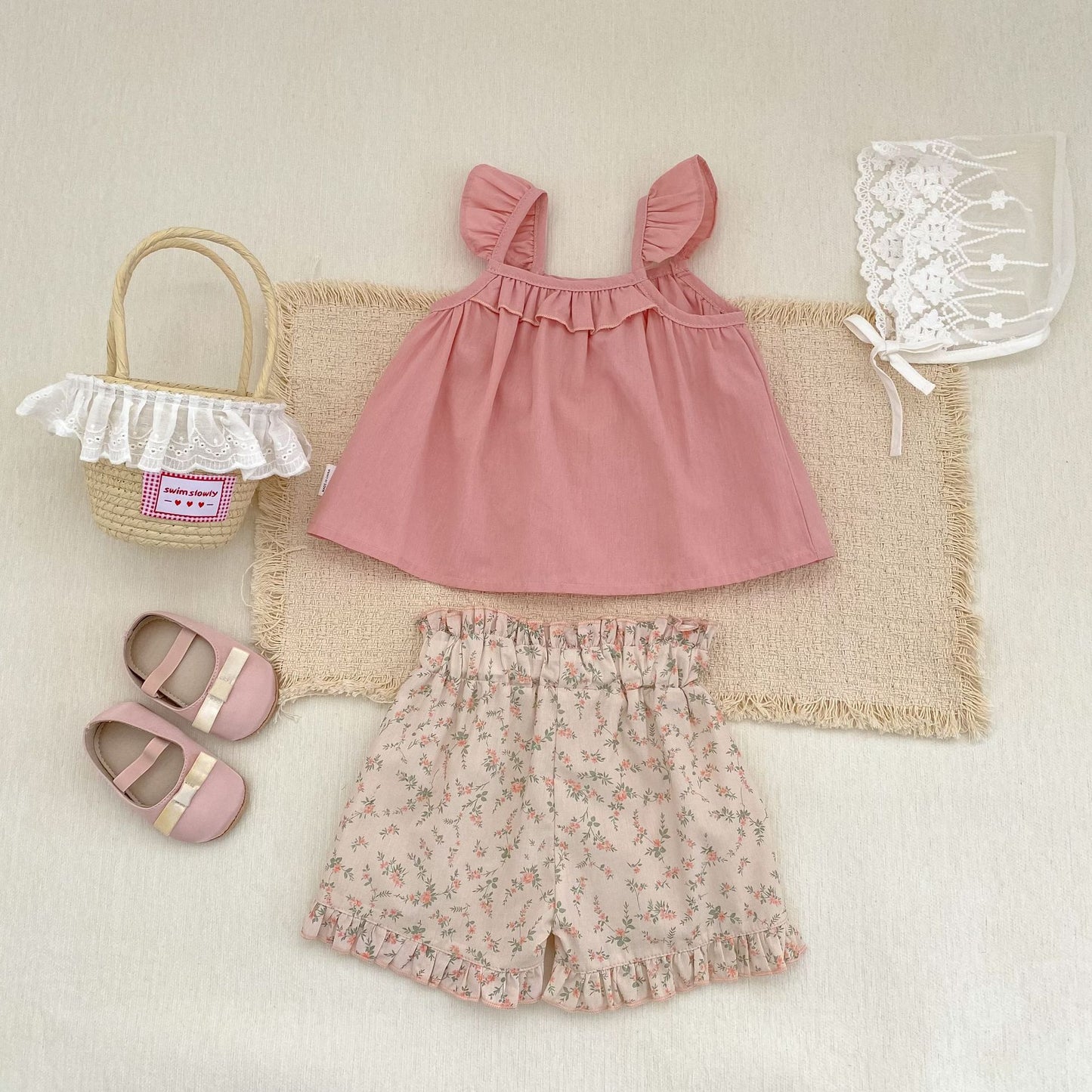 Ruffle Strap Top Floral Shorts Set フリル袖 トップス 花柄 ショートパンツ【mh0012479】 Engepapa ノースリーブセットアップ