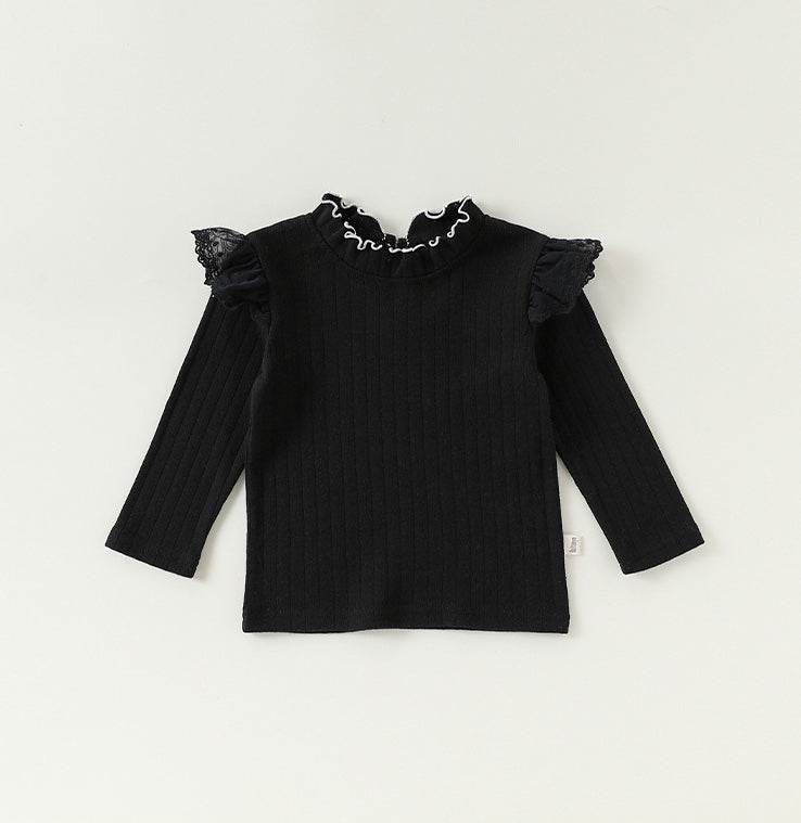 Ruffled Collar Cotton Base Shirt フリルカラー コットン 長袖Tシャツ【mh0012323】 Black / 73cm Beitaoya